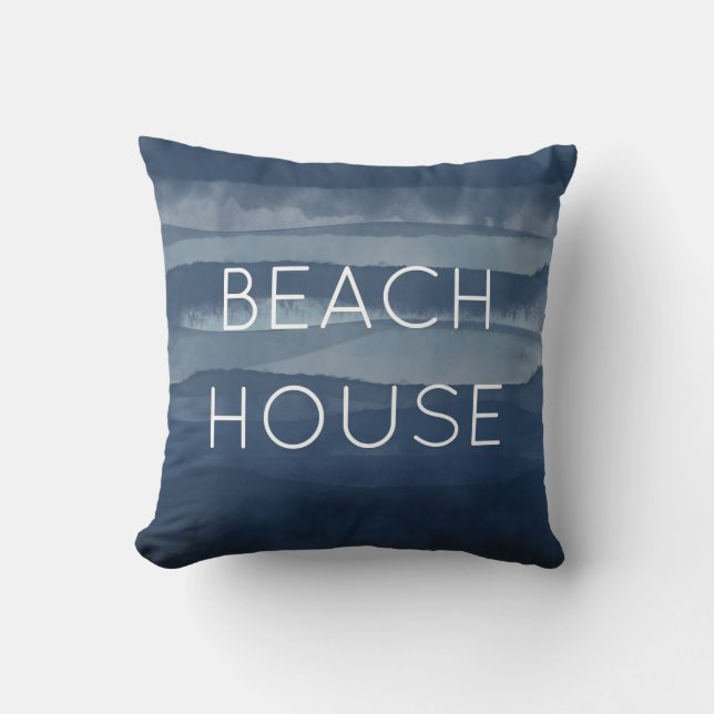 Beach House Watercolor Navy Blue Ocean Outdoor Pillow (Front)