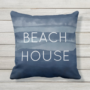 Beach House Watercolor Navy Blue Ocean Outdoor Pillow