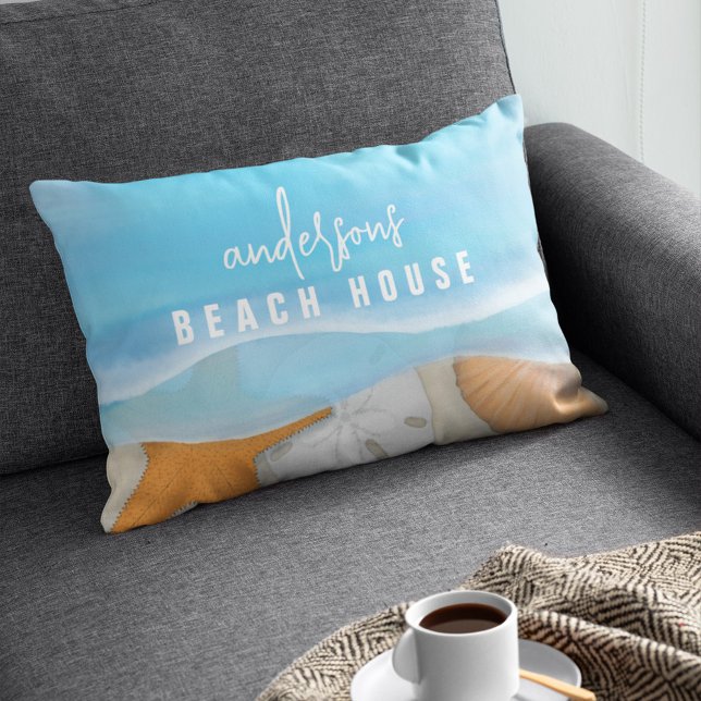 Beach House Watercolor Ocean Custom Lumbar Pillow (Creator Uploaded)