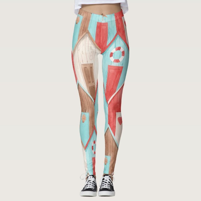 Beach house watercolor: retro pattern. leggings (Front)