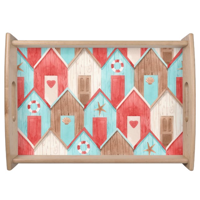 Beach house watercolor: retro pattern. serving tray (Front)