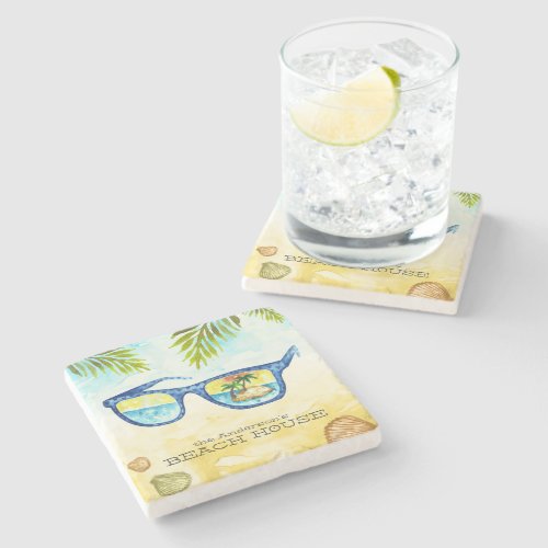 Beach House Watercolor Sunglasses Personalized Stone Coaster