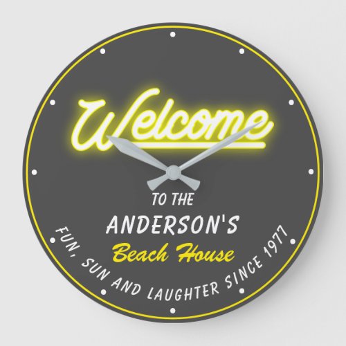 Beach House Welcome Name and Slogan Yellow Grey Large Clock