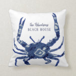 Beach House Welcome Name Shibori Blue Crab Diamond Throw Pillow<br><div class="desc">PERSONALIZE this with your family in this simple templated design, "the Robertsons' BEACH HOUSE." A Shibori Japanese ancient vintage textile design forms this silhouette blue crab, hand painted with loose, batik style diamond patterns by Audrey Jeanne Roberts. Shown with a white background, but you can change the background color to...</div>