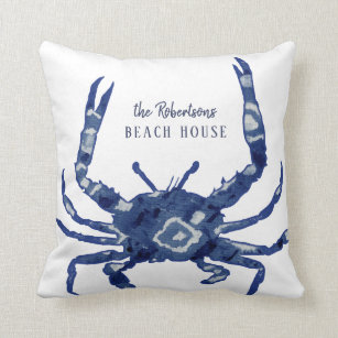 Beach House Welcome Name Shibori Blue Crab Diamond Throw Pillow