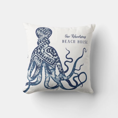 Beach House Welcome Name Shibori Pattern Octopus Throw Pillow