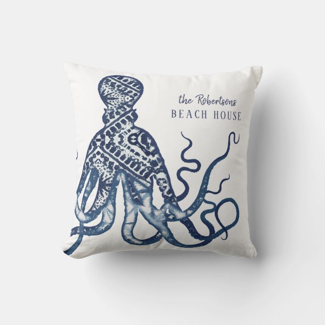 Beach House Welcome Name Shibori Pattern Octopus Throw Pillow (Front)