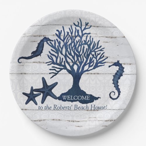 Beach House Welcome Navy Blue Watercolor Seahorse Paper Plates