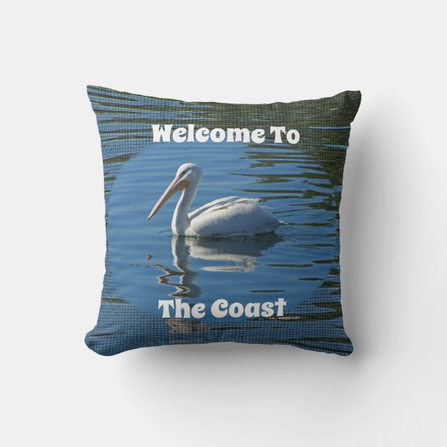 Beach House Welcome Pelican Wild Bird Home Guest Throw Pillow (Front)