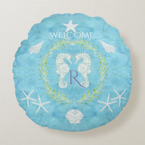 Beach House Welcome Seahorse Starfish Monogrammed Round Pillow