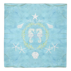 Beach House Welcome Seahorse Wreath Shells Blue Duvet Cover