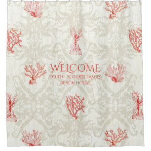 Beach House Welcome Sign Family Name Coral Damask Shower Curtain