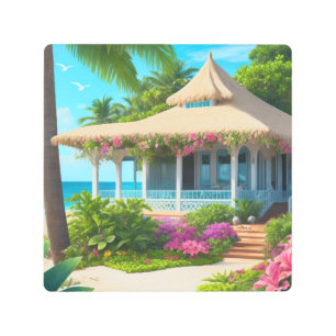 Beach House with Ocean View Metal Print