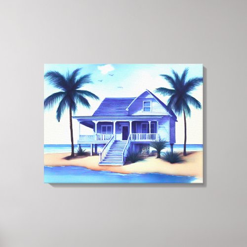 Beach House with Palm Trees Canvas Print