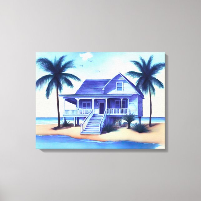 Beach House with Palm Trees Canvas Print (Front)