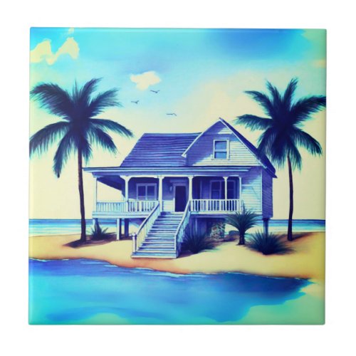 Beach House with Palm Trees Ceramic Tile