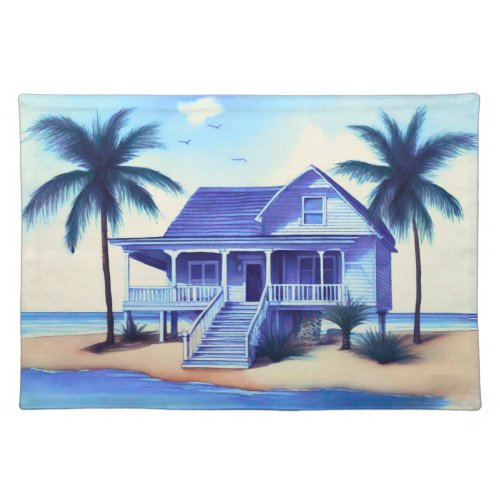 Beach House with Palm Trees Cloth Placemat