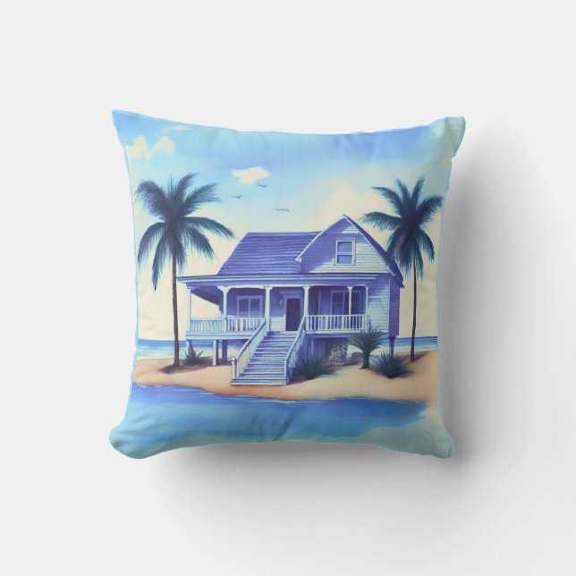 Beach House with Palm Trees Outdoor Pillow (Front)