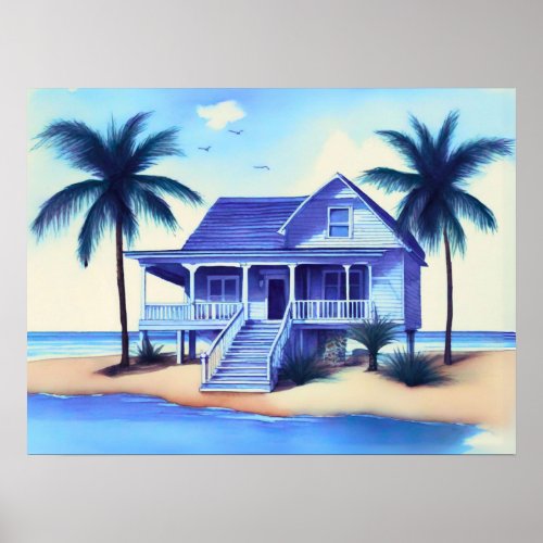 Beach House with Palm Trees Poster