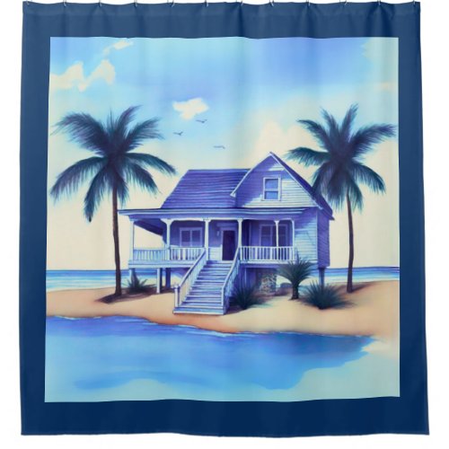 Beach House with Palm Trees Shower Curtain