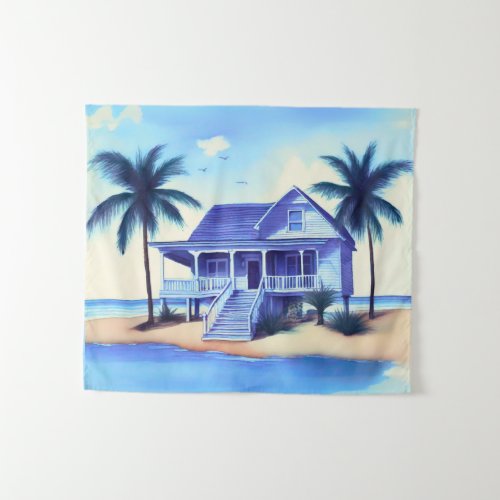 Beach House with Palm Trees Tapestry