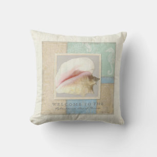 Beach House Wooden Board Conch Shell Seahorse Throw Pillow