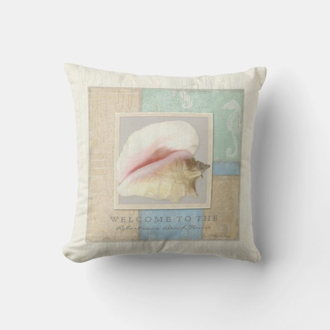 Beach House Wooden Board Conch Shell Seahorse Throw Pillow (Front)