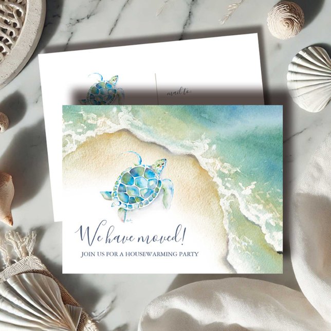 Beach Housewarming Party Invitations Sea Turtle (housewarming invitations beach watercolor sea turtle art by Victoria Grigaliunas of Do Tell A Belle)