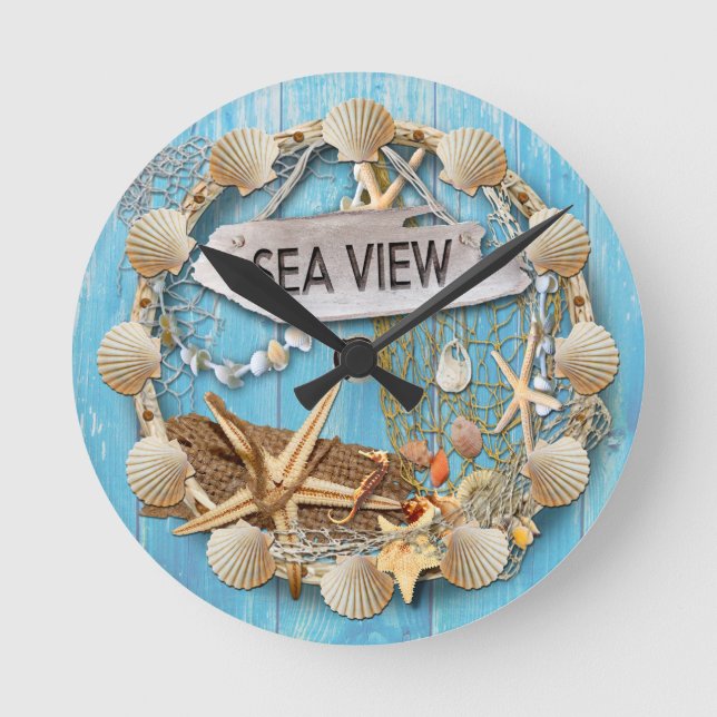 Beach Hut/Beach House Clock, Sea View Round Clock (Front)