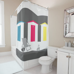 beach hut england black white color seaside coast shower curtain
