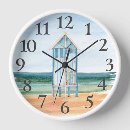 Beach Hut Ocean Watercolor Clock