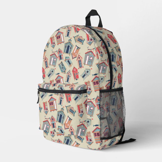 Beach Hut Pattern Printed Backpack (Back Corner Right)