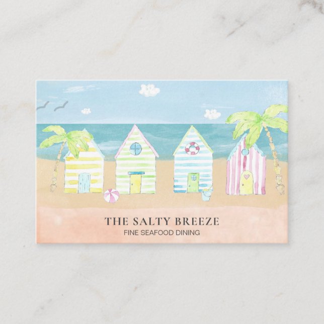 *~* Beach Hut Sea Sand Bucket Dining Tropical Palm Business Card (Front)