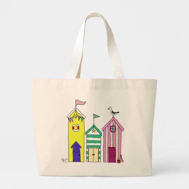 Beach Huts 1 Illustration Large Tote Bag (Front)