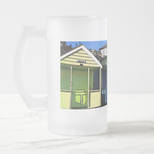 Beach huts and blue skies english seaside photo frosted glass beer mug