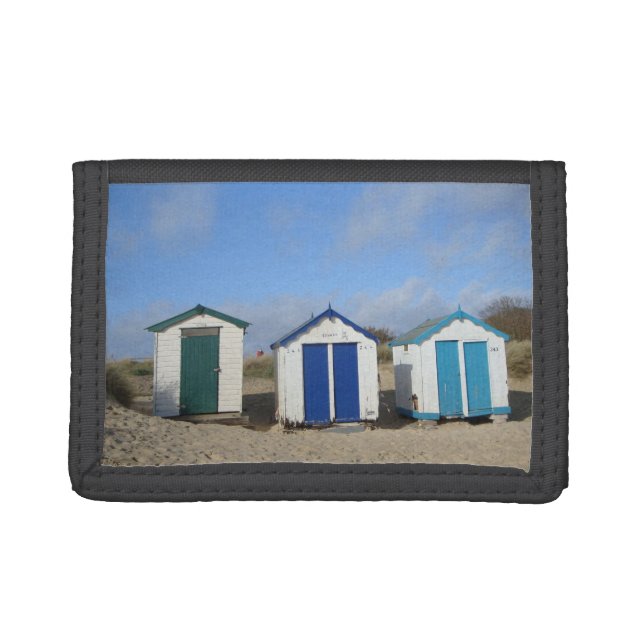 Beach huts and blue skies english seaside photo trifold wallet (Front)