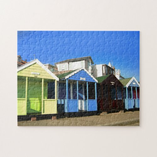 beach huts and blue sky English seaside photo Jigsaw Puzzle