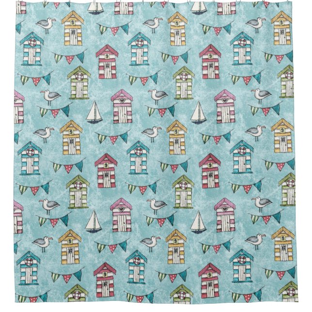 Beach Huts and Gulls Seaside Pattern Shower Curtain (Front)