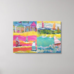 Beach Huts and Sailboats Canvas Print