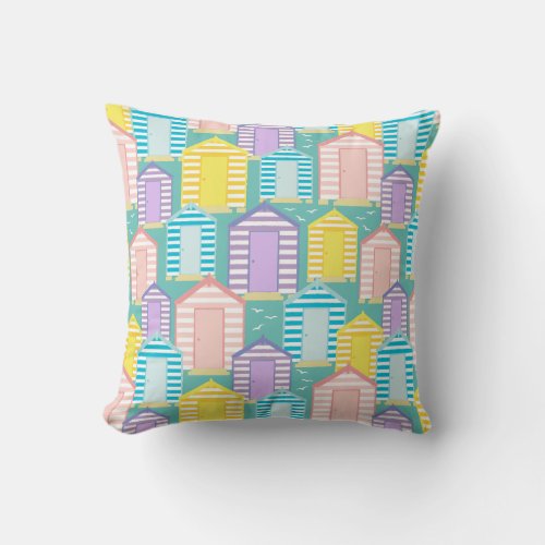 Beach Huts and Seagulls Pattern on Teal Blue Throw Pillow