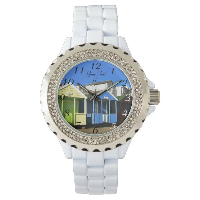 Beach huts blue skies english seaside photo watch (Front)