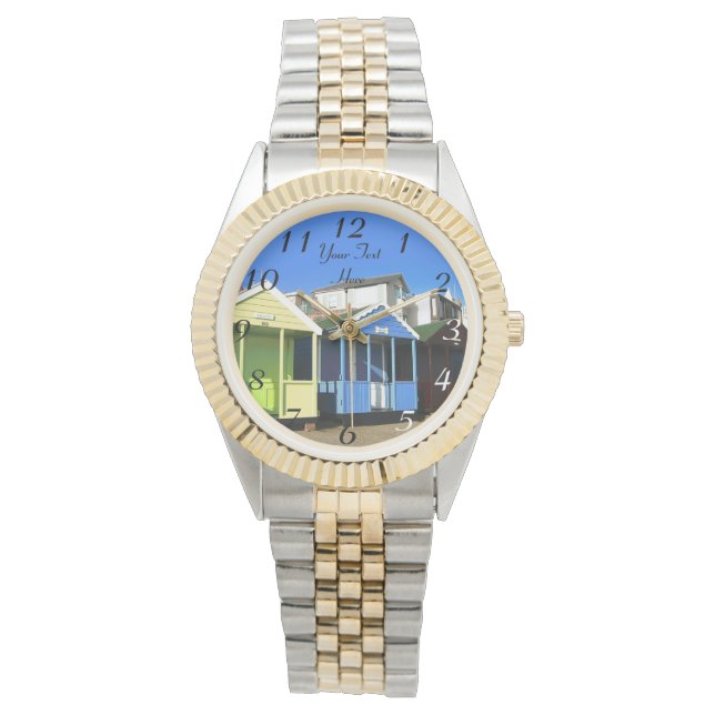 Beach huts blue skies english seaside photo watch (Front)