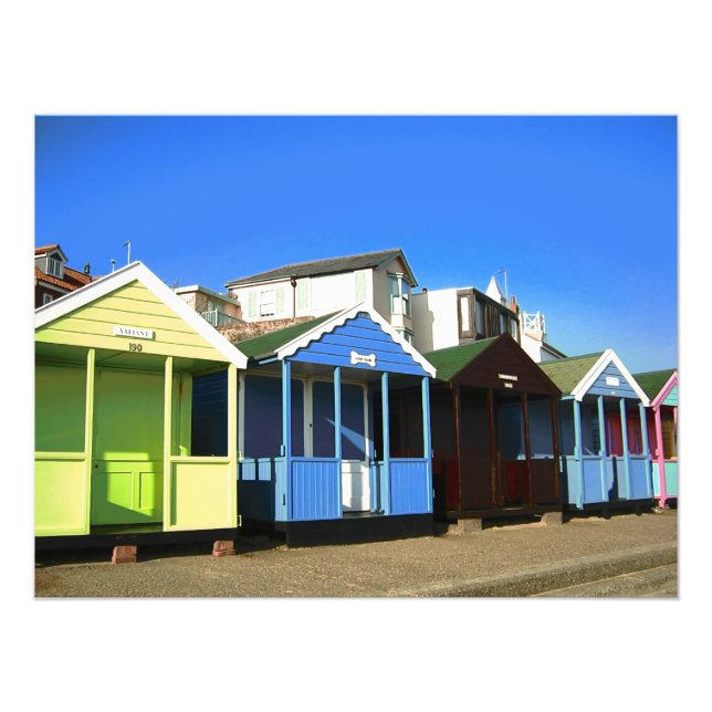 Beach huts blue skies sand english seaside photo (Front)