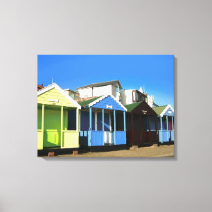 Beach huts blue skies sand english seaside photo canvas print