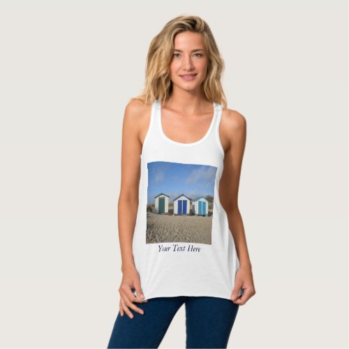 Beach huts blue skies sand english seaside photo tank top