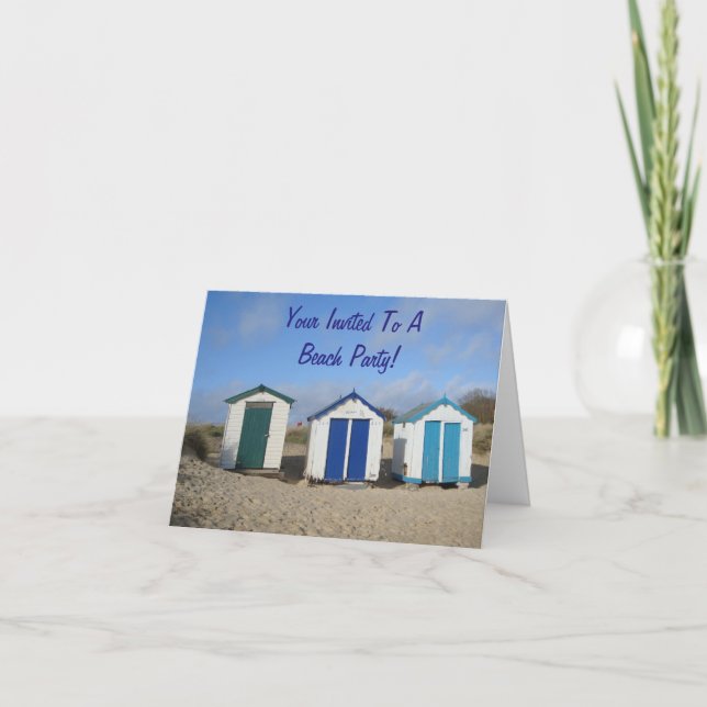 Beach huts blue skies seaside sandy beach party invitation (Front)