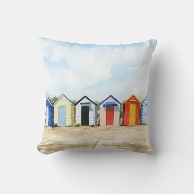 Beach Huts I Throw Pillow (Front)