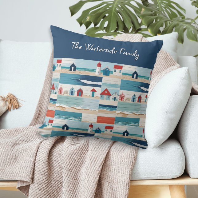 Beach Huts Lighthouses Sea Coastal Blue Throw Pillow (A personalized nautical pillow with modern design of sand, ocean, beach huts and lighthouses)