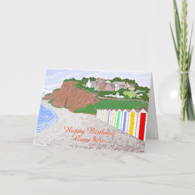 Beach Huts scene, birthday, add name front Card (Front)