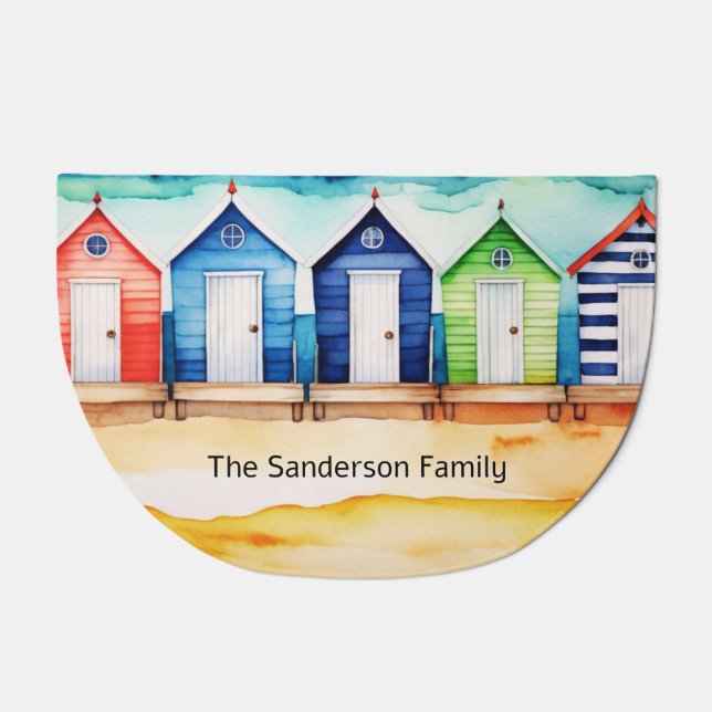 Beach Huts Seaside Colorful Nautical Coastal Chic Doormat (Front)